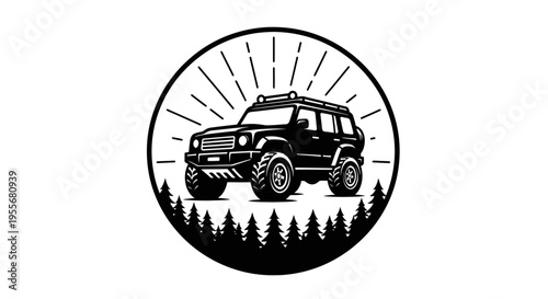 Off-road 4x4 car driving through a forest with trees and sun rays in a circular badge design