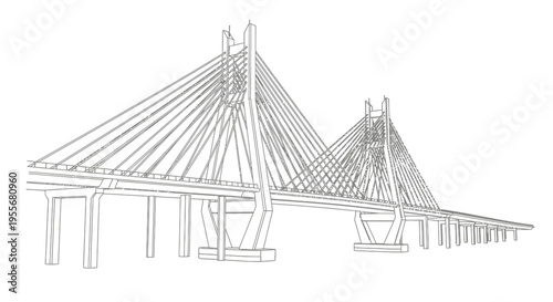 Detailed line art drawing of a modern cable-stayed bridge infrastructure