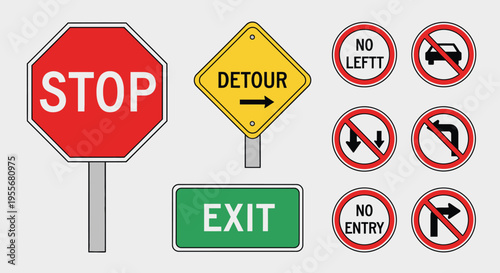 Collection of road traffic signs including stop, detour, exit, no left, no right, and no entry warnings