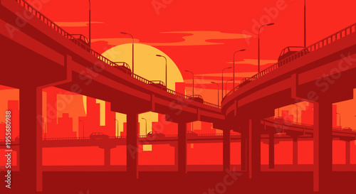 Urban highway interchange with multiple overpasses and traffic at dramatic sunset