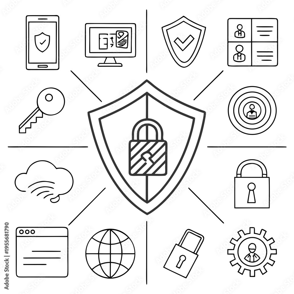 Fototapeta premium Modern Business Line Icon Set Featuring Corporate Management, Startup Strategy, Teamwork Collaboration, Financial Growth, Marketing Analytics, Office Communication and Leadership Symbols Minimal Out