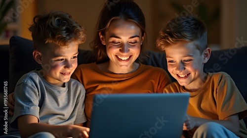 A joyful Caucasian woman enjoys a cozy evening with her two smiling children while watching a laptop together.