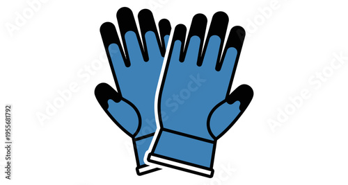 Blue work gloves with black fingertips on white background