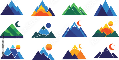Colorful mountain landscape logo icons, abstract nature peak symbols, geometric wilderness adventure badges, vibrant hiking travel emblems, minimalist summit vector elements.