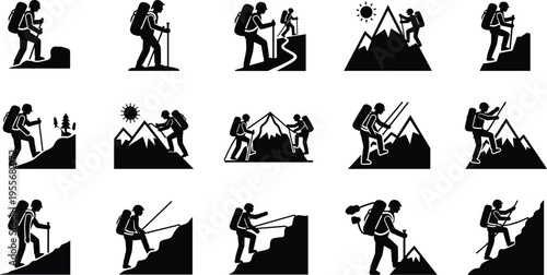 Hiking climber silhouette icons, mountain adventure trekker symbols, outdoor backpacker travel elements, extreme summit climbing badges, wilderness navigation vector graphics.