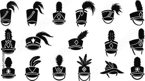 Marching band hat silhouette icons, military shako plume symbols, musician uniform headwear, ceremonial drum major caps, parade performance vector elements.