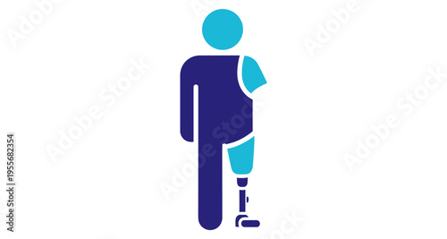 Person with prosthetic limb and arm icon isolated on white background