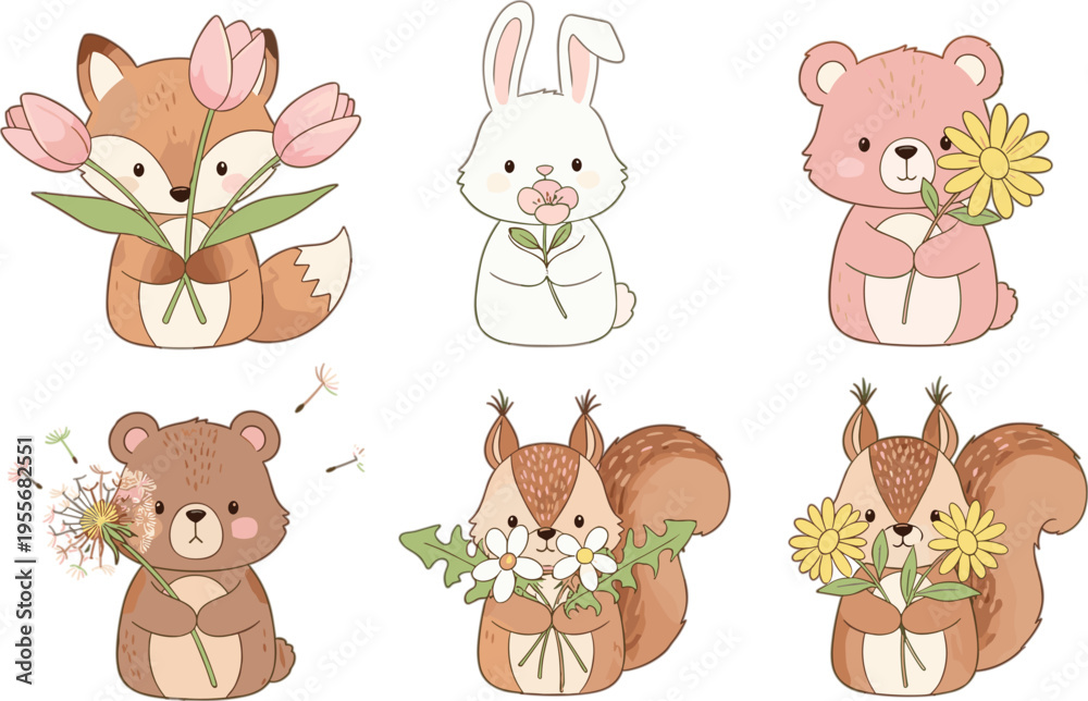 Naklejka premium Cute woodland animals holding flowers set with bunny bear fox and deer in soft pastel cartoon vector illustration collection