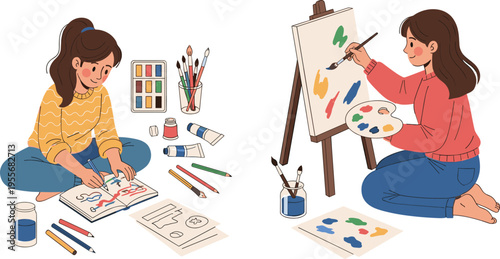 Girls Painting and Drawing Set with Art Supplies Canvas and Brushes, Creative Kids Illustration for Education, Hobby, and Artistic Activity Design
