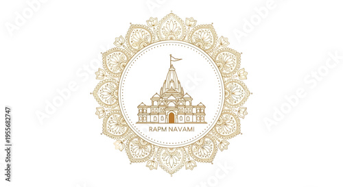 Gold vector illustration of a temple tower for Ram Navami festival in India with decorative border and design elements on a white background