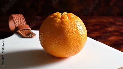 A vibrant orange on a white table.