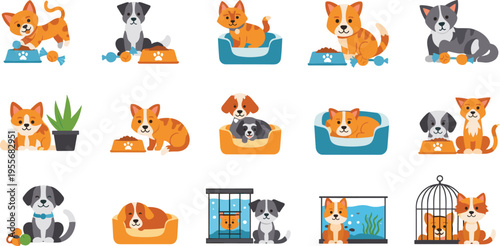 Cute Dogs and Cats Pet Set with Beds Bowls Aquarium and Cage, Cartoon Domestic Animal Collection for Pet Care and Veterinary Illustration Design