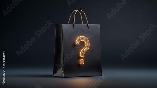 A sleek, black shopping bag featuring a glowing, gold question mark, implying a surprise