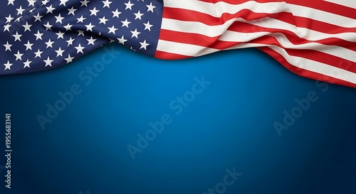 A high-quality image of the american flag draped elegantly against a solid deep blue background