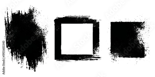 Grungy brush stroke texture set with black paint splashes. ink stains rough artistic background creative design.