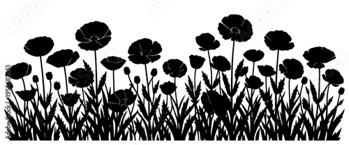 poppy flower silhouette border with wildflowers grass and botanical meadow elements clean black vector design for cricut vinyl cutting laser engraving stencil and decorative craft projects