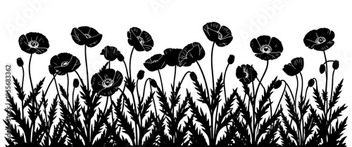 poppy flower silhouette border with wildflowers grass and botanical meadow elements black vector design ideal for cricut vinyl cutting laser engraving stencil and decorative craft projects