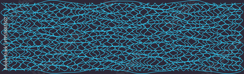 A digital abstract design featuring a distorted grid with wavy blue lines creating an intricate pattern.