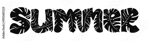 summer tropical lettering silhouette with monstera leaf pattern bold black typography design for cricut vinyl cutting laser engraving stencil decal and decorative craft projects