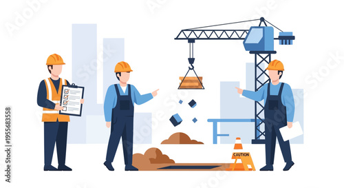 Construction Site Management: Workers Overseeing Crane Operation and Building Project with Safety Checklist