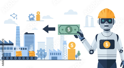 AI Robot Investing in Industry & Production. Robotic Automation Driving Financial Growth & Efficiency in Manufacturing. Future Technology Concept.