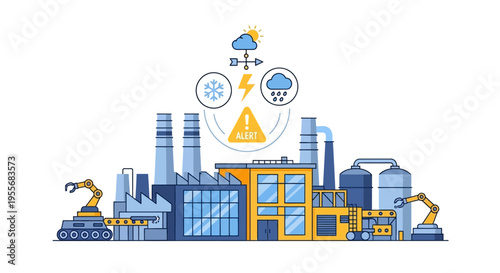 Industrial Operations Weather Alert System Vector Icon - Factory Resilience to Climate Change & Production Warning