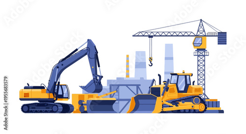 Heavy Construction Machinery & Industrial Site Vector Illustration: Excavator, Bulldozer, and Crane Working on Development Project