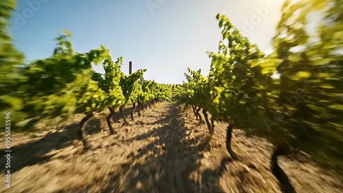 POV Drone Flight Through Sun-Drenched Vineyard Rows with Lush Green Grapevines and Dry Earth Under
