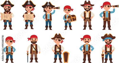 Cartoon Pirate Characters Set with Different Costumes and Poses, Adventure Sailor Collection for Kids Illustration, Nautical Theme, and Treasure Hunting Design