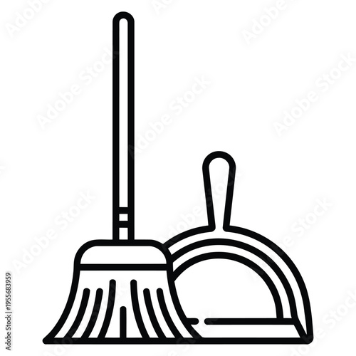 cleaning tools line art illustration with broom and dustpan, minimalist household cleaning concept, black outline icon on white background