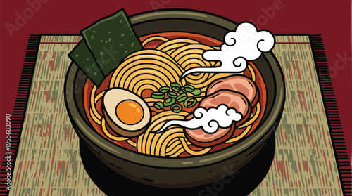 Vibrant illustration of a classic Japanese ramen bowl, complete with rich broth, tender noodles, and traditional toppings, a culinary delight