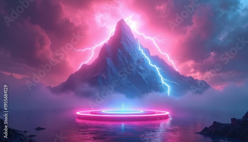 Massive mountain peak struck by lightning bolts. Neon stage floats on water with pink and blue glow. Dramatic storm clouds gather over mystic landscape at night.