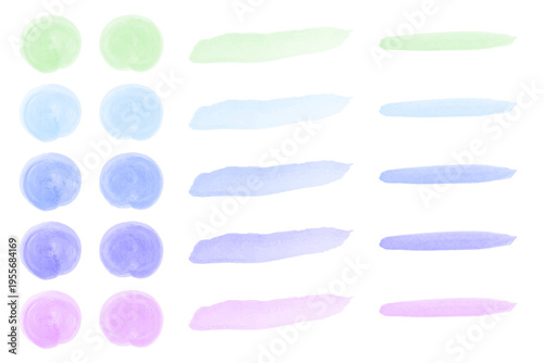 パステルカラーの水彩テクスチャとブラシストローク素材セット　寒色系