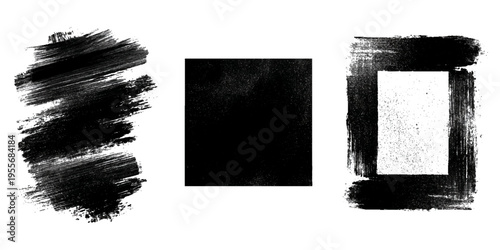 Grungy brush stroke texture set with black paint splashes. ink stains rough artistic background creative design.