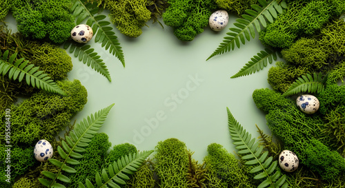 A Natural Springtime Arrangement: A verdant composition of moss, fern fronds, and delicate speckled eggs, creating a vibrant frame. 