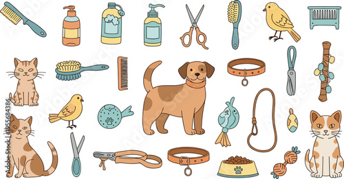 Pet Grooming and Care Set with Dog Cat Brushes Collars Toys and Accessories, Cartoon Domestic Animal Collection for Veterinary and Pet Shop Illustration