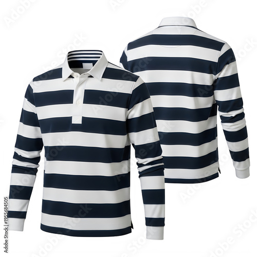 Striped rugby-style long sleeve polo shirts displayed side by side.