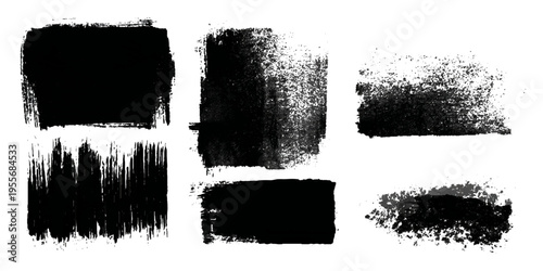 Grungy brush stroke texture set with black paint splashes. ink stains rough artistic background creative design.