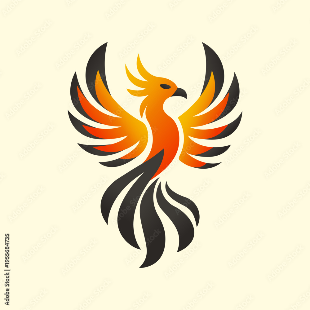 Fototapeta premium Phoenix logo design with fire wings and bird silhouette vector illustration.