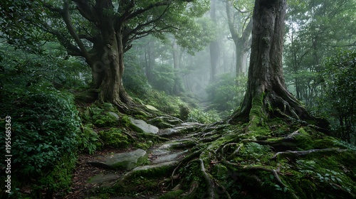 Stone path winding through a lush, moss-covered forest, creating an enchanting landscape