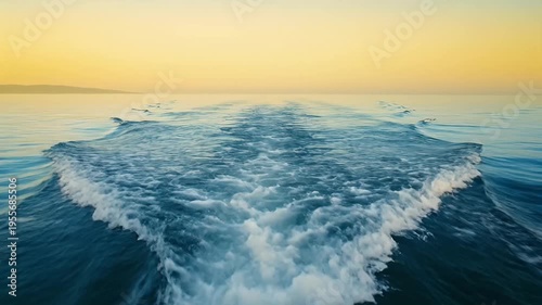 Propeller Wash Trail on Calm Ocean Water at Sunset with Distant Horizon and Gentle Waves