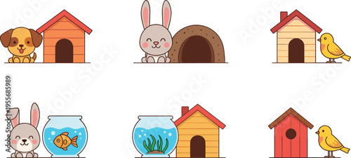 Pet Houses and Habitats Set with Dog Kennel Rabbit Burrow Birdhouse and Aquarium, Cartoon Animal Home Collection for Kids Illustration and Design