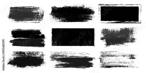 Grungy brush stroke texture set with black paint splashes. ink stains rough artistic background creative design.