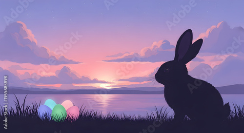 Easter Silhouette: A silhouette of an Easter bunny, overlooking a scenic lake and sunset, complemented by decorated Easter eggs. This image evokes feelings of hope, renewal, and the beauty of spring.