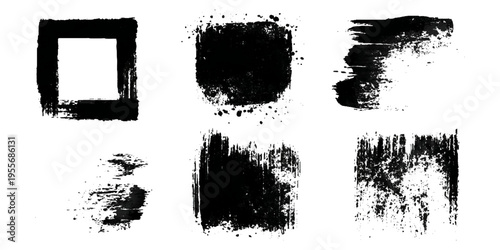 Grungy brush stroke texture set with black paint splashes. ink stains rough artistic background creative design.