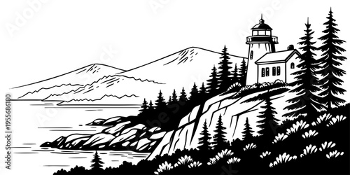 USA, US, U.S, United States - Acadia National Park skyline coastal minimal svg mountain line vector black white