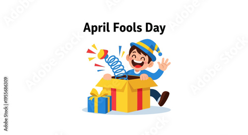 A cheerful cartoon character jumps out of a colorful gift box with a spring, celebrating April Fools' Day with a joyful and humorous expression in a playful illustration