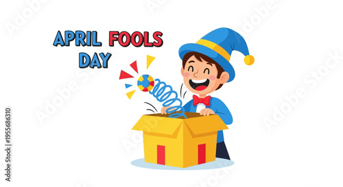A cheerful cartoon character in a blue jester's hat pulls colorful prank items out of a yellow box on April Fools' Day with a joyful and playful mood