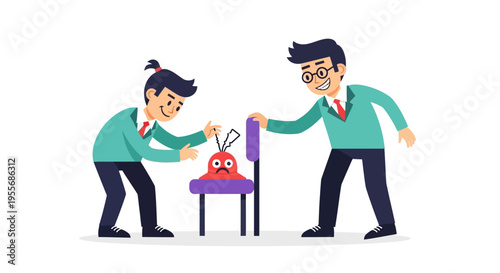 Two cartoon businessmen play a prank on a coworker with a whoopee cushion on a chair in a humorous office setting