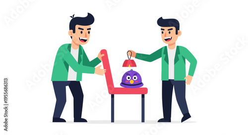 Two men in green jackets play a prank on each other with a surprised purple character in a red chair on April Fools' Day